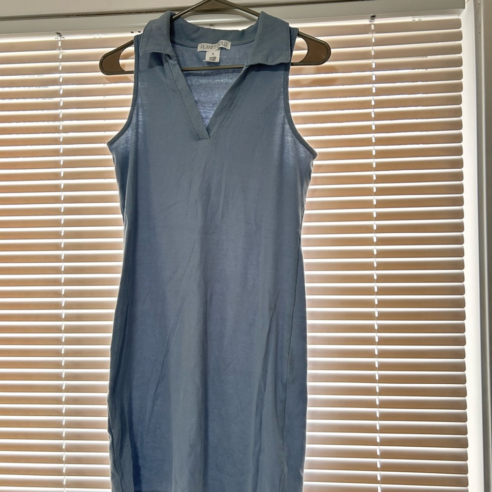 Planet Gold Soft Blue Ribbed Collar Top